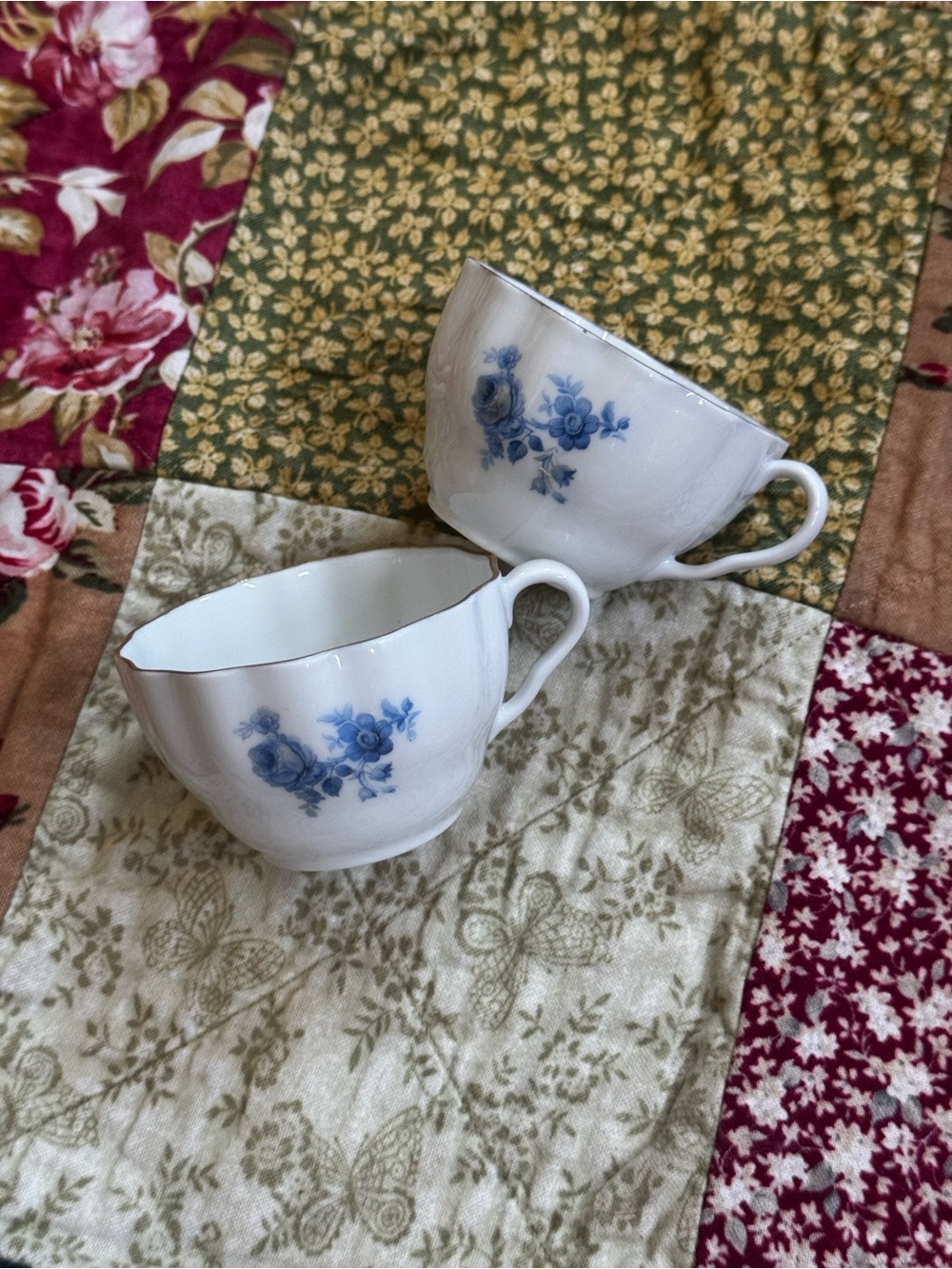 White Porcelain Mugs with Blue Floral Pattern - Set of 2